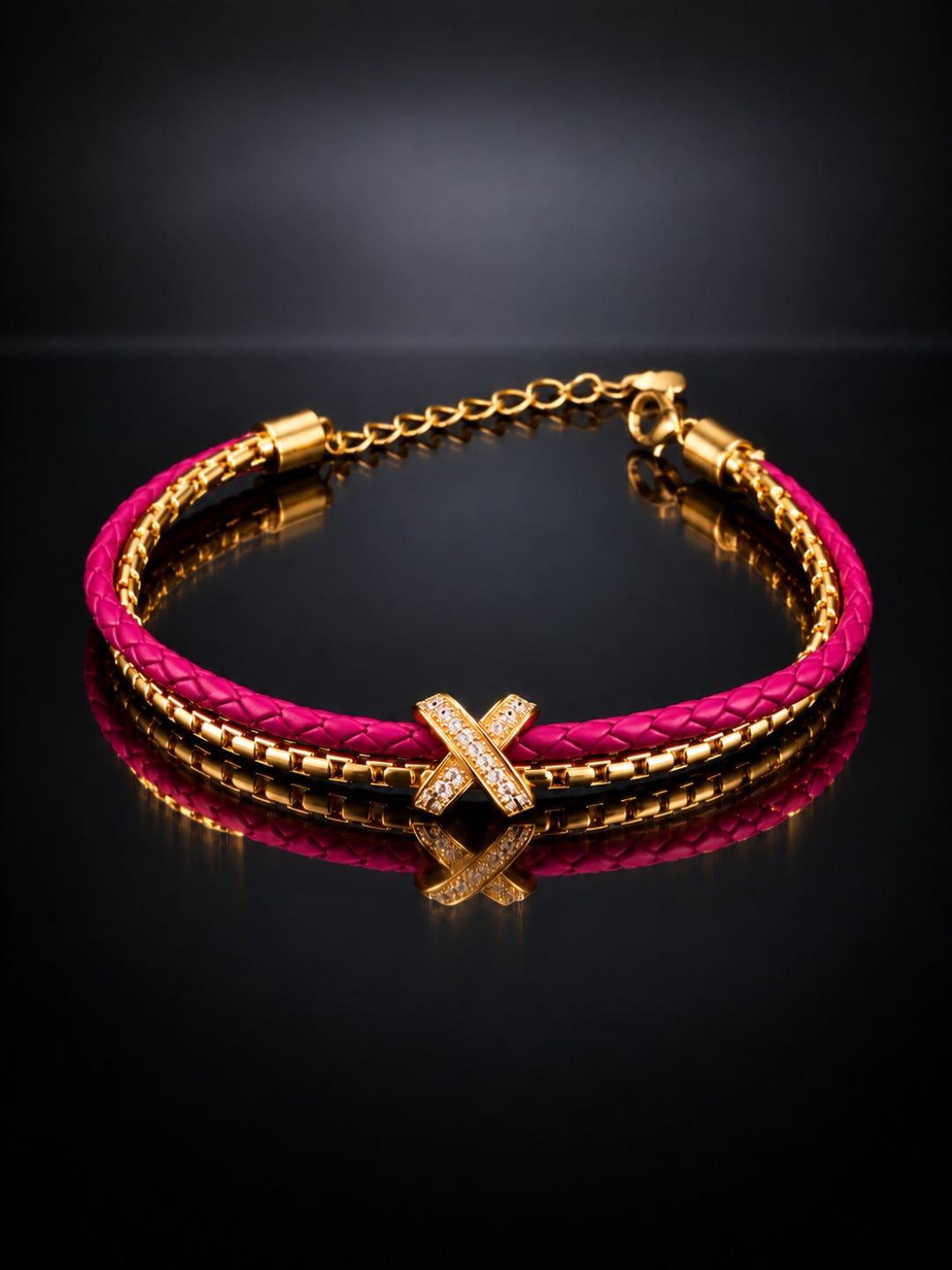 Fuchsia Pink Braided Double line Knot Band Cuff-18KT Gold Plated