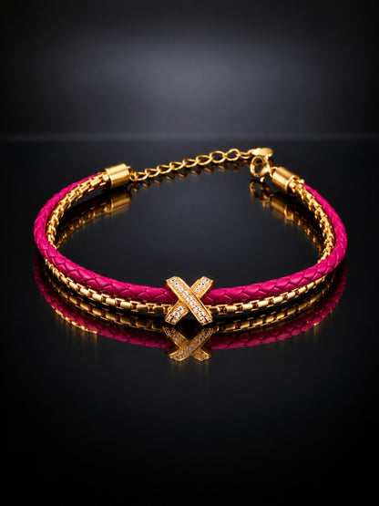 Fuchsia Pink Braided Double line Knot Band Cuff-18KT Gold Plated