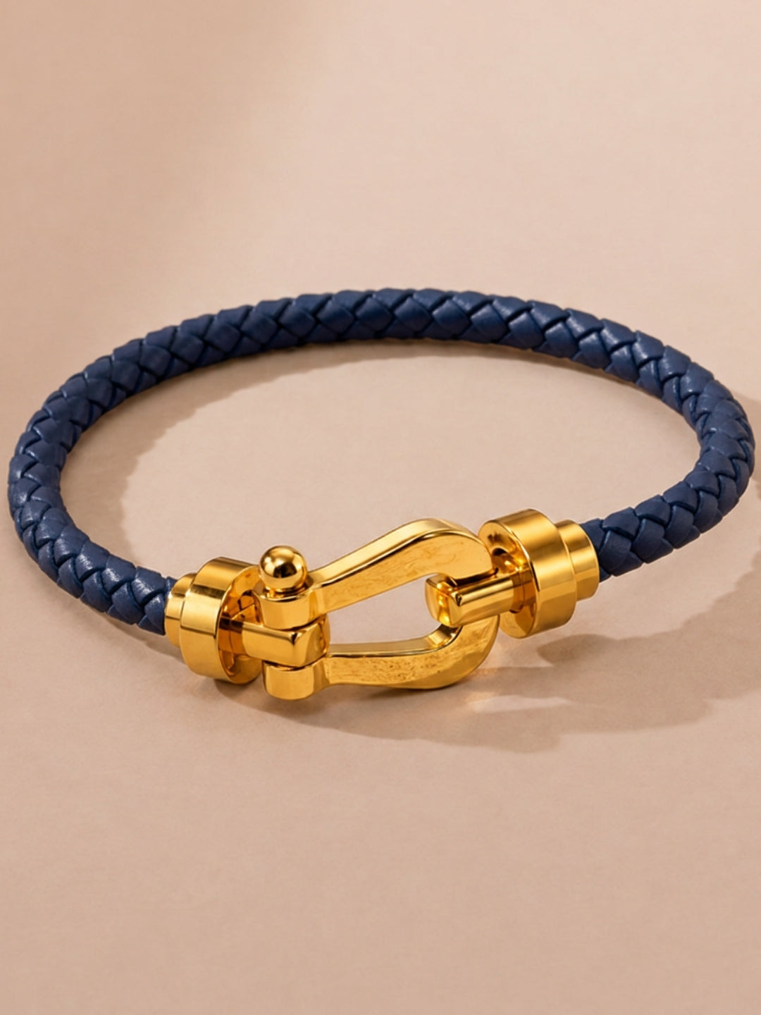 Unisex Navy Braided Leather Gold Magnetic Bracelet