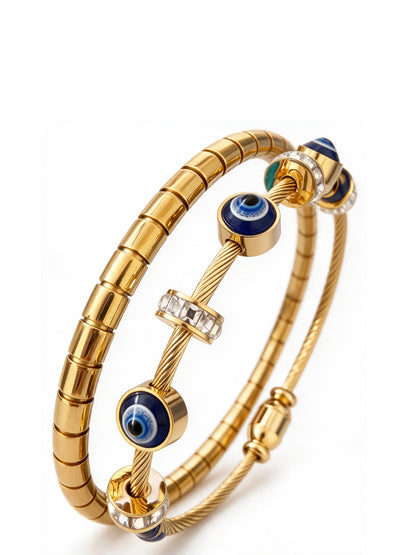 Evil Eye & Gold Striped Bracelet Stack – Set of 2