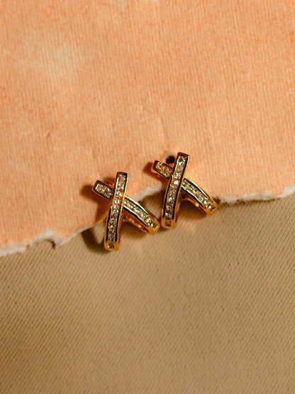 18K Gold Studded Cross Huggie Earrings – CZ Stone, Anti-Tarnish