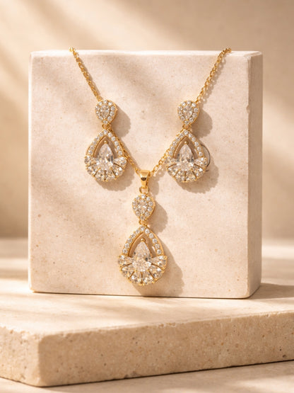 18K Rose Gold Teardrop CZ Ethnic Necklace & Earrings Set