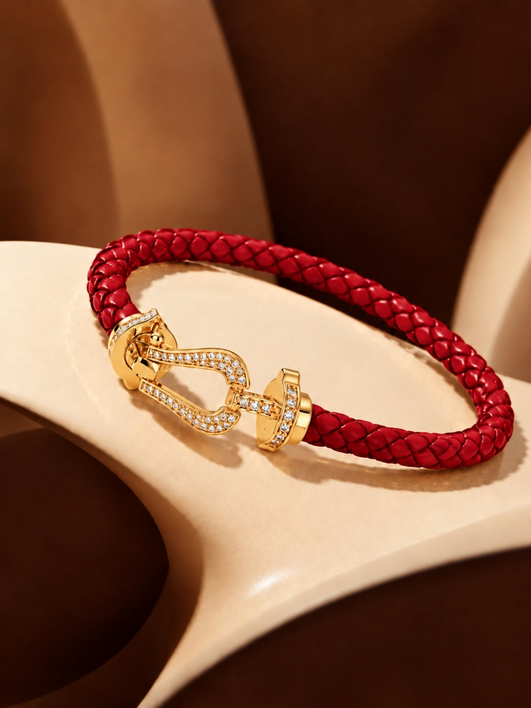 Red Studded Braided Leather Gold Magnetic Bracelet -18KT Gold Plated