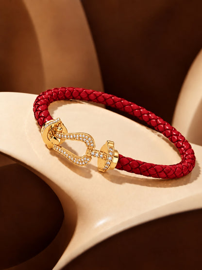 Red Studded Braided Leather Gold Magnetic Bracelet -18KT Gold Plated