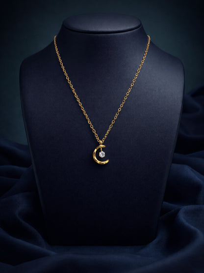 Crescent Moon Solitaire Gold Neckpiece | Anti-Tarnish Everyday Jewelry