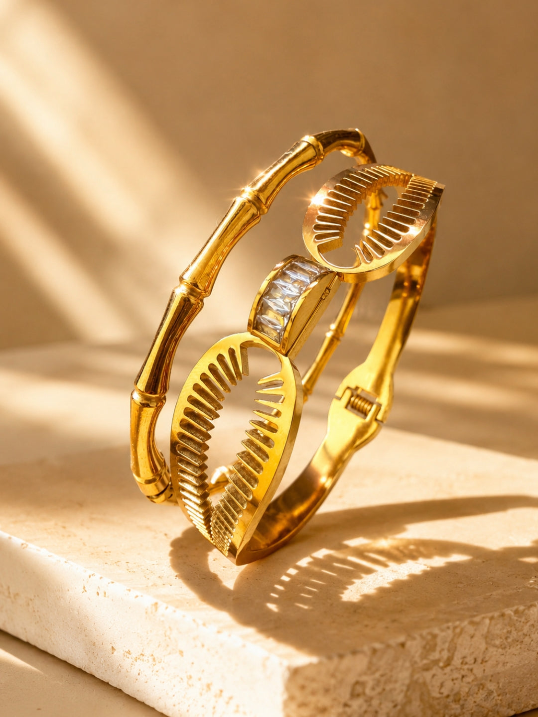 GOLD Cowrie Shell & Bamboo Bangles Set -18K Gold Plated Stainless Steel Stackable Bracelets.