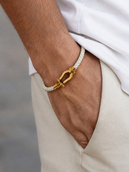 Unisex White Braided Leather Gold Magnetic Bracelet