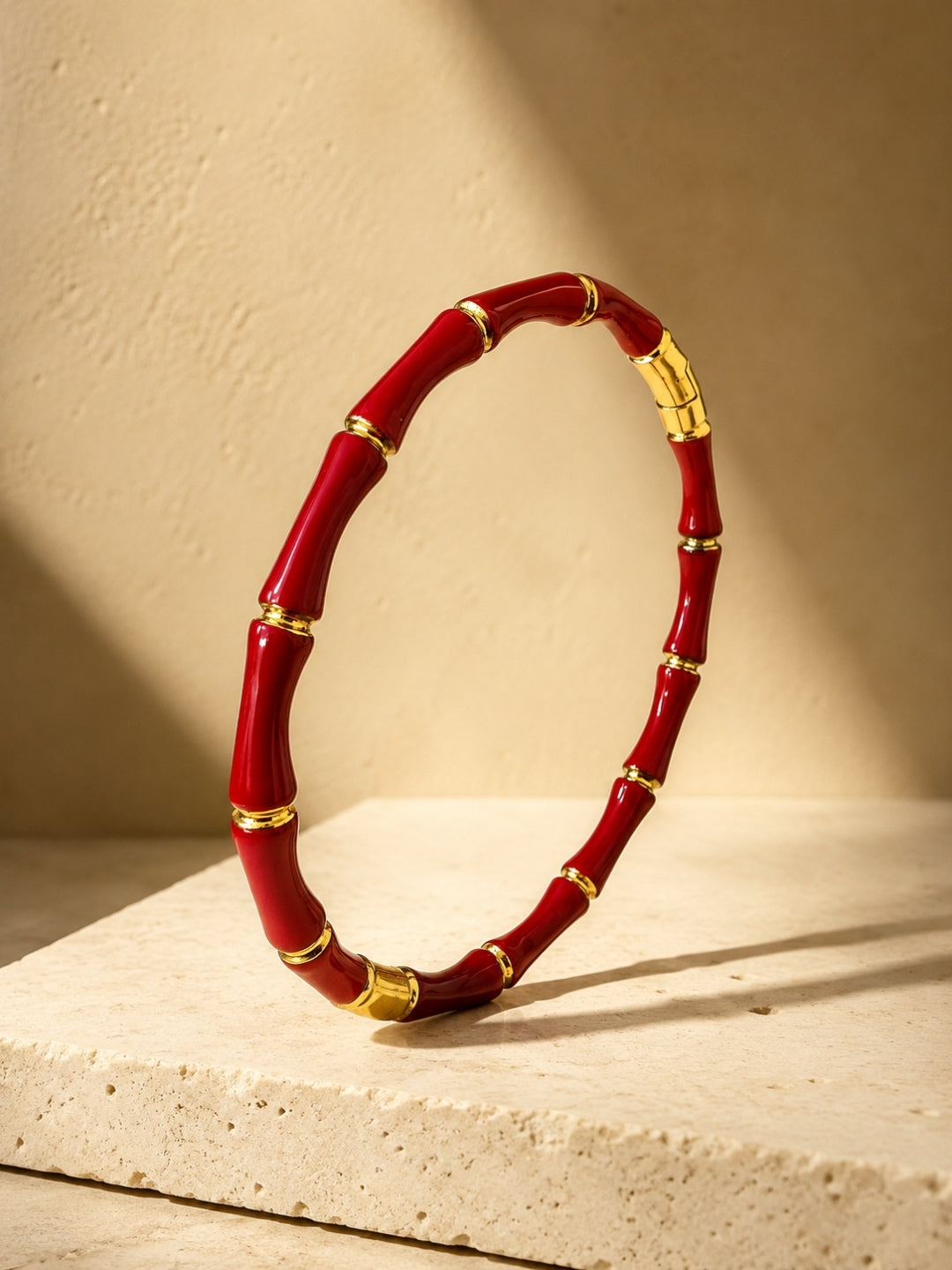 Red Bamboo & Gold Greek Key Bracelet Stack – Set of 2