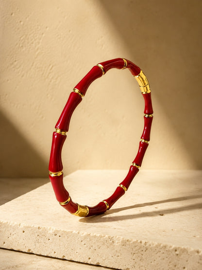 Red Bamboo & Gold Greek Key Bracelet Stack – Set of 2