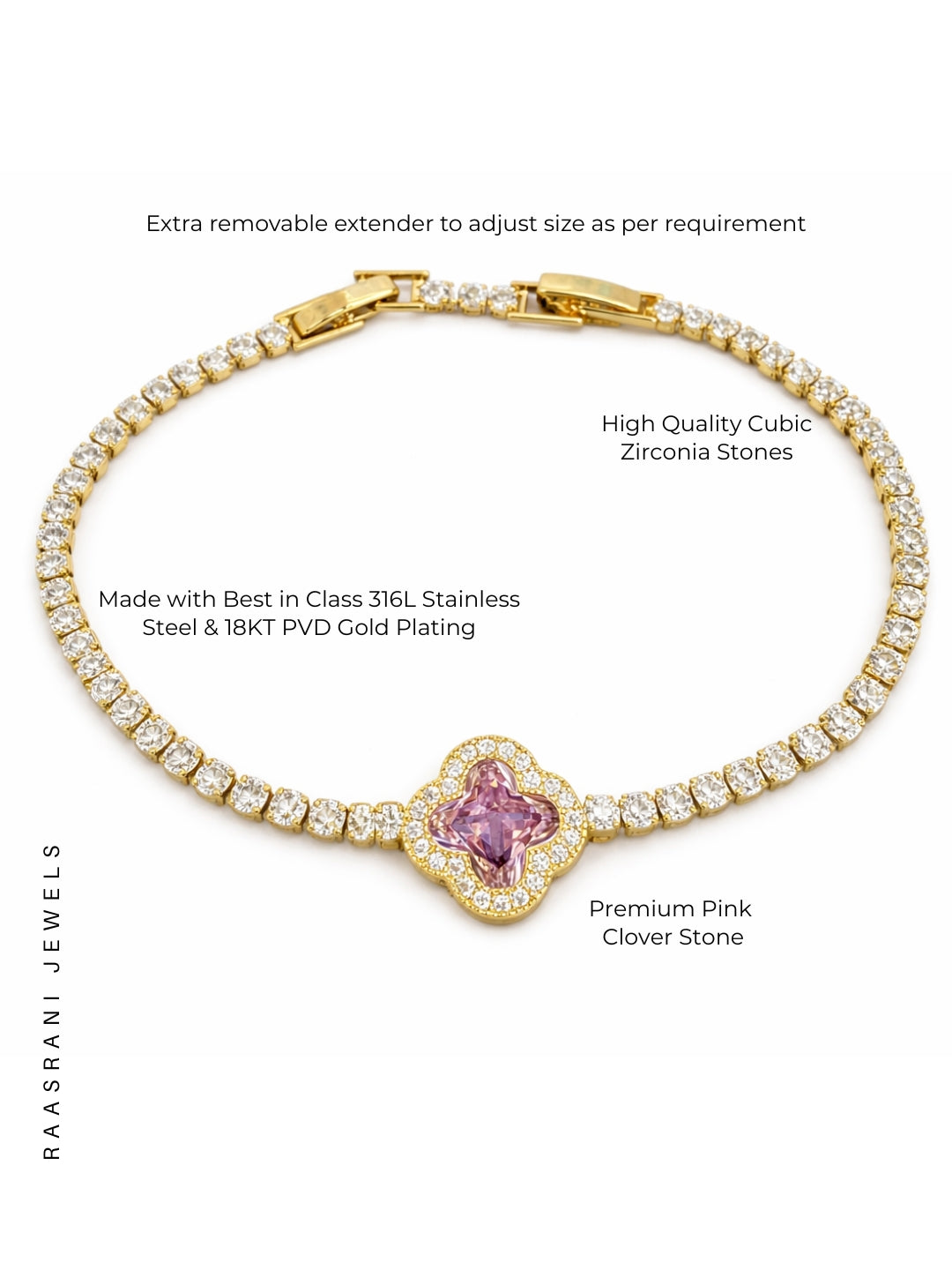 Pink Clover Gold Bracelet | 18K Gold Plated CZ Tennis Bracelet