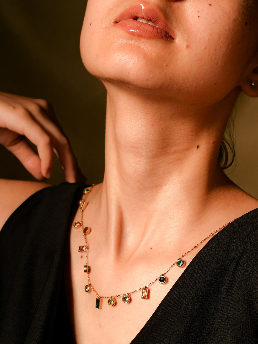 Multicolor Studded Charms Necklace – Gold, CZ Stones