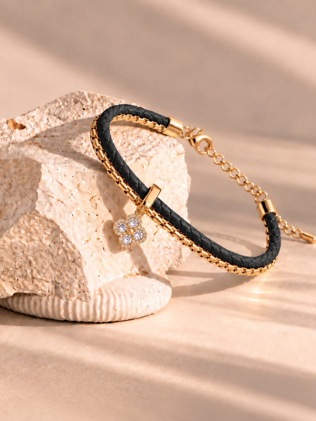 Black Braided Double line Clover Band Cuff -18KT Gold Plated