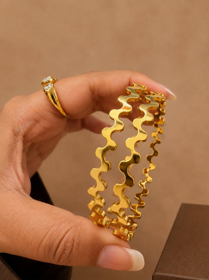 Statement Wave Gold Bangle Set | Everyday Luxury | Size 2.6