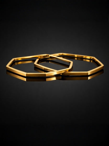 18K Gold Hexagon Bangles Set – Anti Tarnish Steel (Pair)