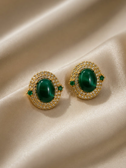 Prato Green Cabochon Halo Necklace & Earring Set, 18K Gold-Plated