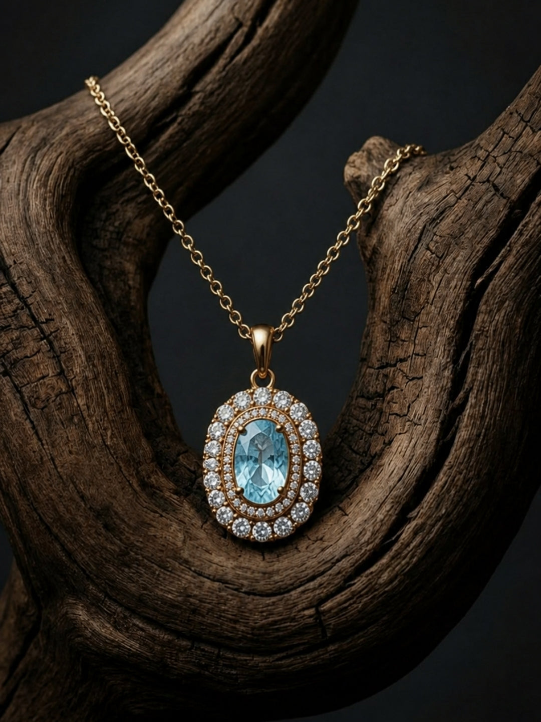 Acquamarina Double Halo Necklace & Earring Set, 18K Gold-Plated