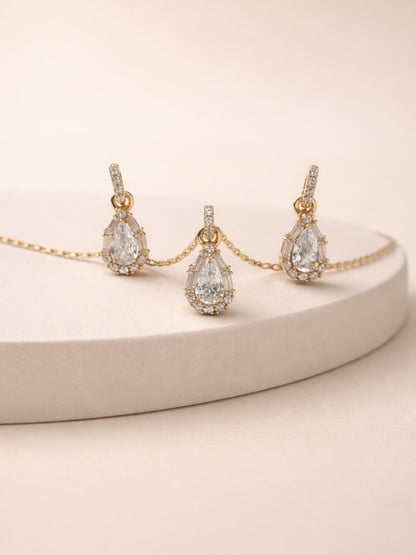 18K Rose Gold Teardrop CZ Pendant & Earrings Set for Women