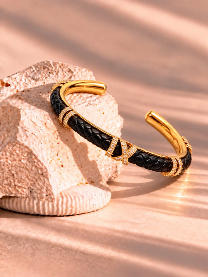 Black Braided Roman Numeral Studded Bangle -18KT Gold Plated