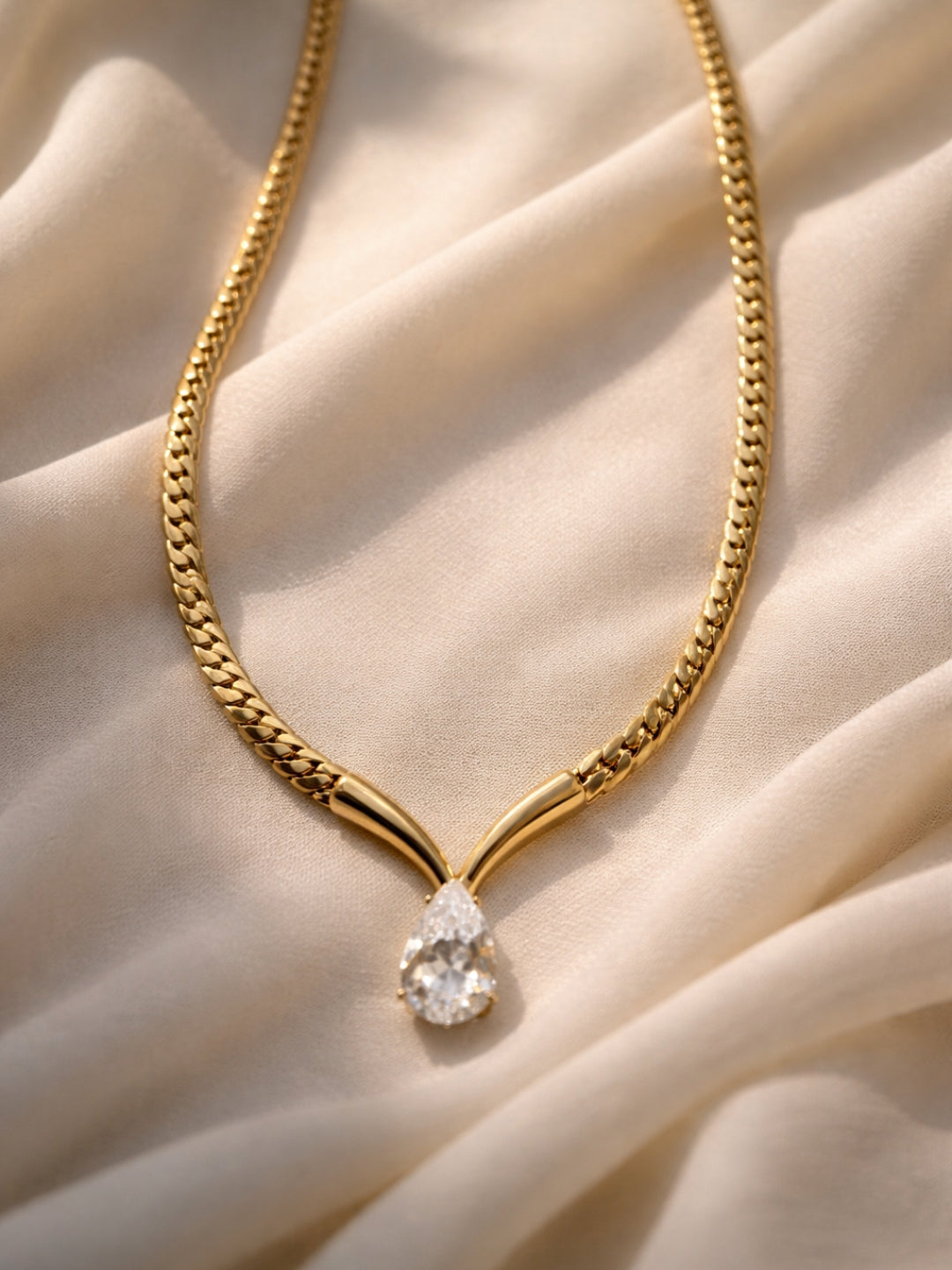 Teardrop Solitaire Cuban Chain Necklace – 24KT Gold Plated
