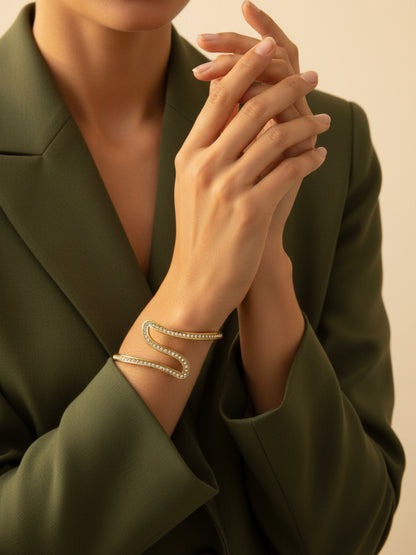 18K Gold Plated CZ Wave Open Bracelet – Anti Tarnish Bangle