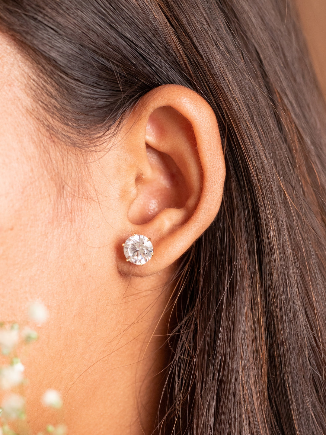 Gold-Plated Solitaire Big Stone Stud Earrings – Stainless Steel, Premium AD Stone, Hypoallergenic
