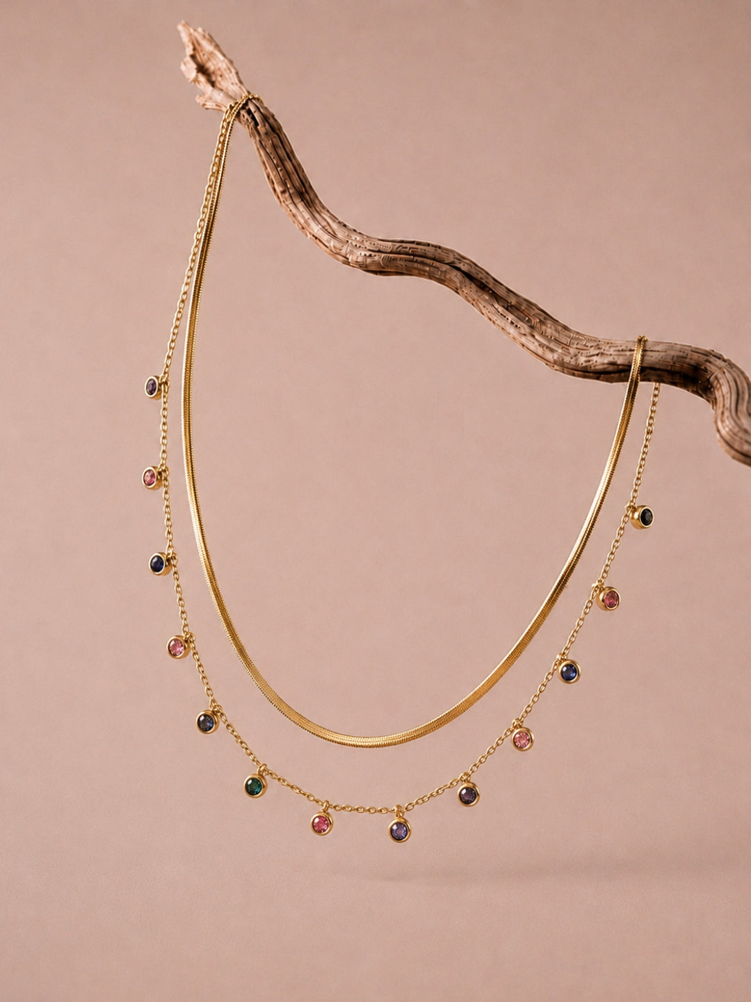 Layered Gold Necklace Combo with Multicolor Stone Drops