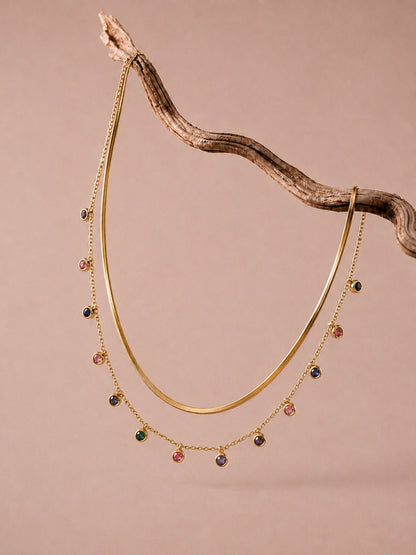 Layered Gold Necklace Combo with Multicolor Stone Drops