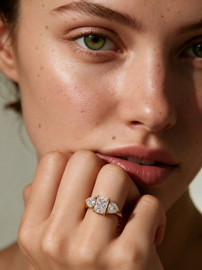 Rectangle & Heart Three-Stone Ring | 18K Gold-Plated Stainless Steel