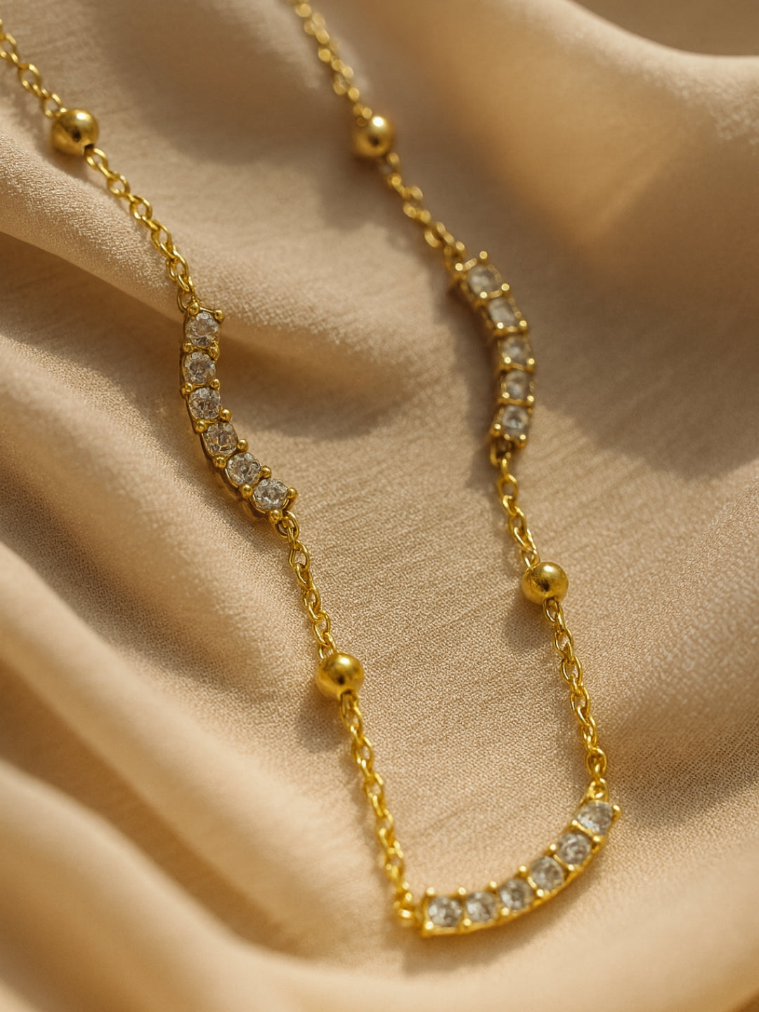 Curve Studded Bead Neckpiece – 18K Gold, CZ, Anti-Tarnish Jewelry