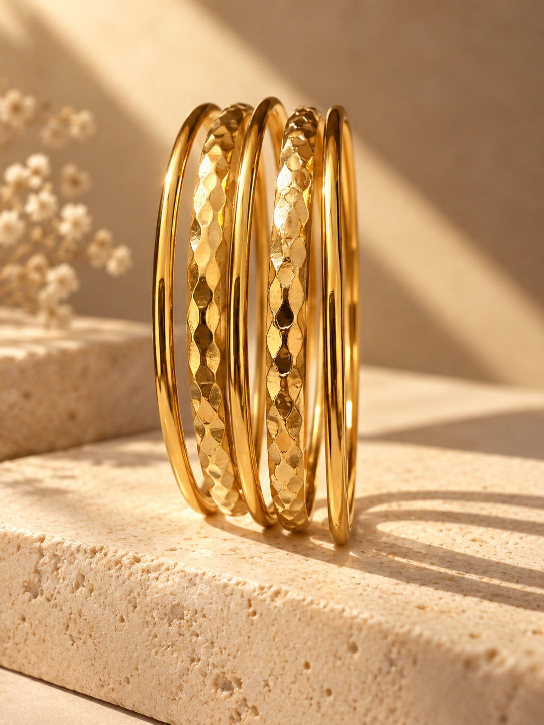 18K Gold Plated Hammered Stackable Bangle Set for Women