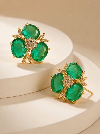 Emerald Trefoil Cluster Stud Earrings, 18K Gold-Plated