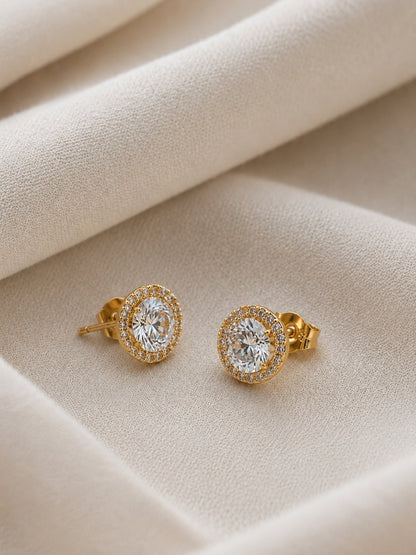 Aura Halo Solitaire Stud Earrings in 18K Gold | Anti Tarnish