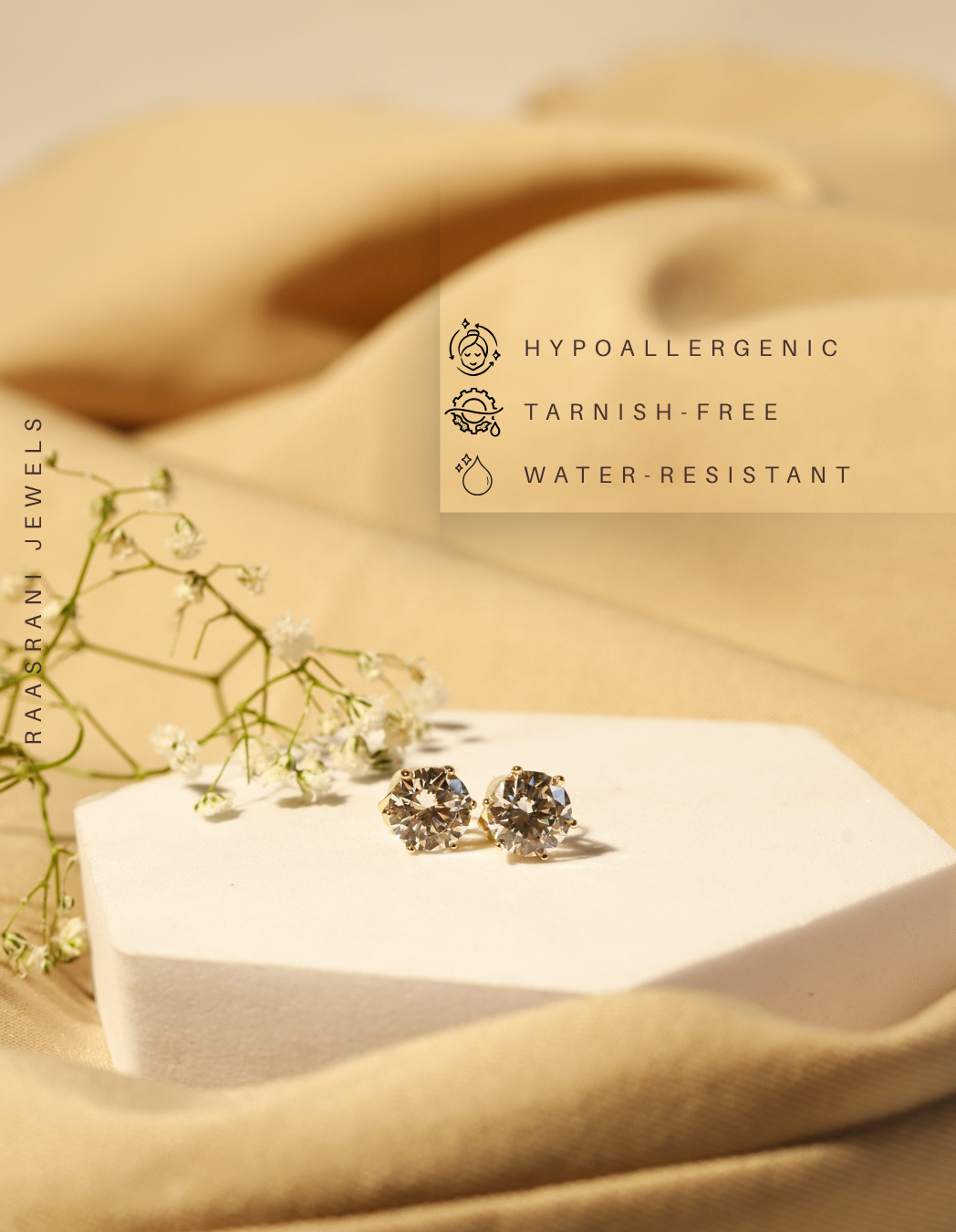 Gold-Plated Solitaire Big Stone Stud Earrings – Stainless Steel, Premium AD Stone, Hypoallergenic