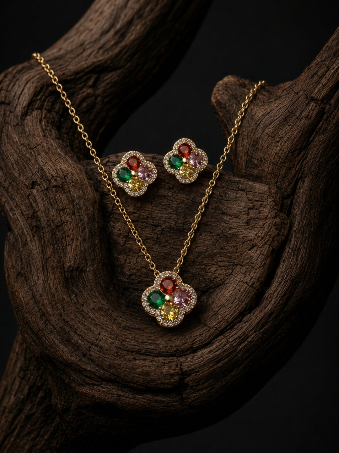 Gioia Multicolor Halo Necklace & Earring Set, 18K Gold-Plated