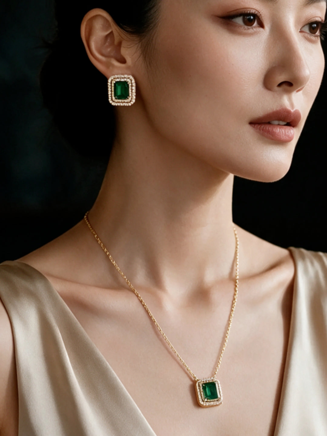 Giada Green Double Halo Necklace & Earring Set, 18K Gold-Plated