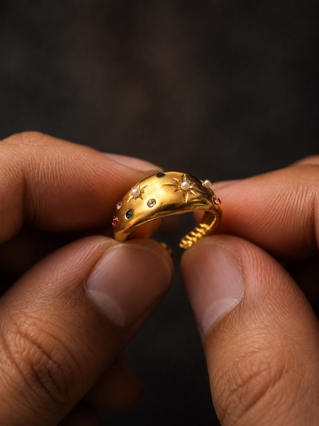 Celestial Multi-Stone Pearl Adjustable Ring in 18K Gold Plating