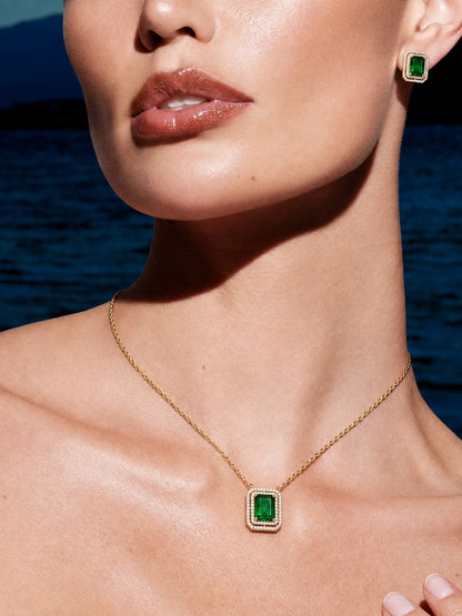 Giada Green Double Halo Necklace & Earring Set, 18K Gold-Plated