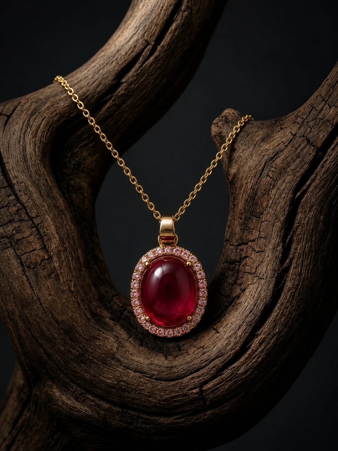 Melograno Red Cabochon Halo Necklace & Earring set 18K Gold-Plated