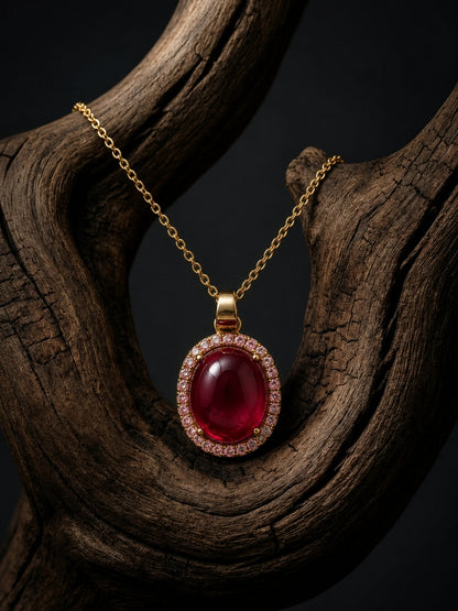 Melograno Red Cabochon Halo Necklace & Earring set 18K Gold-Plated