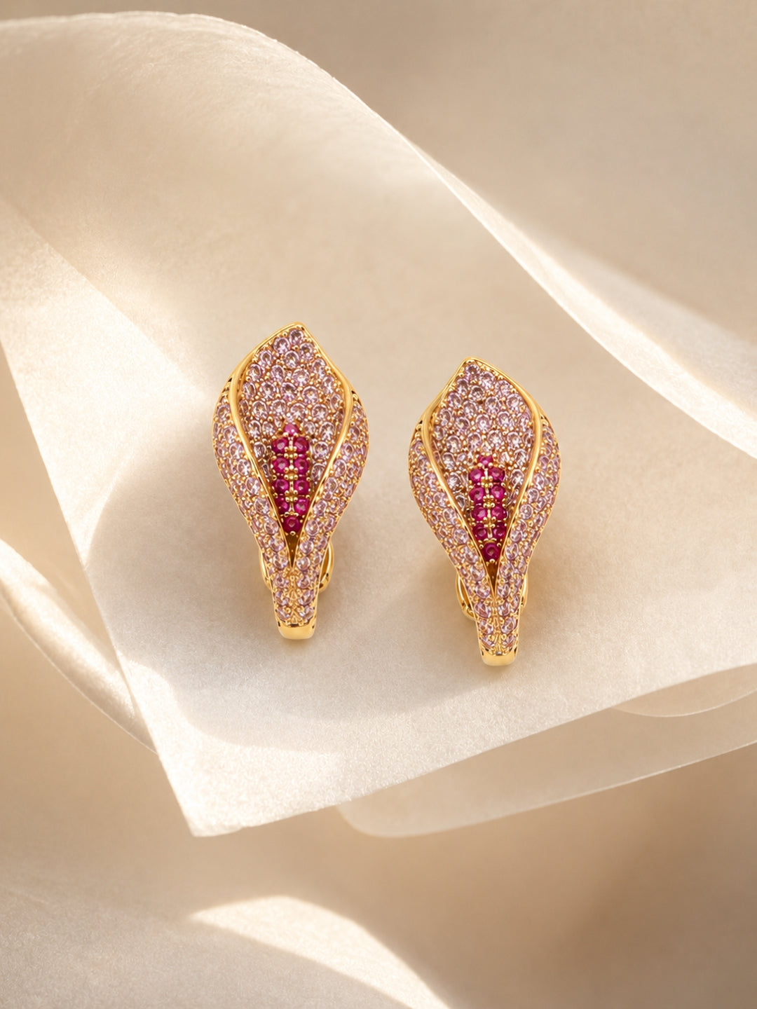 Calla Pink Pavé Pendant Necklace & Clip Earring Set, 18K Gold-Plated