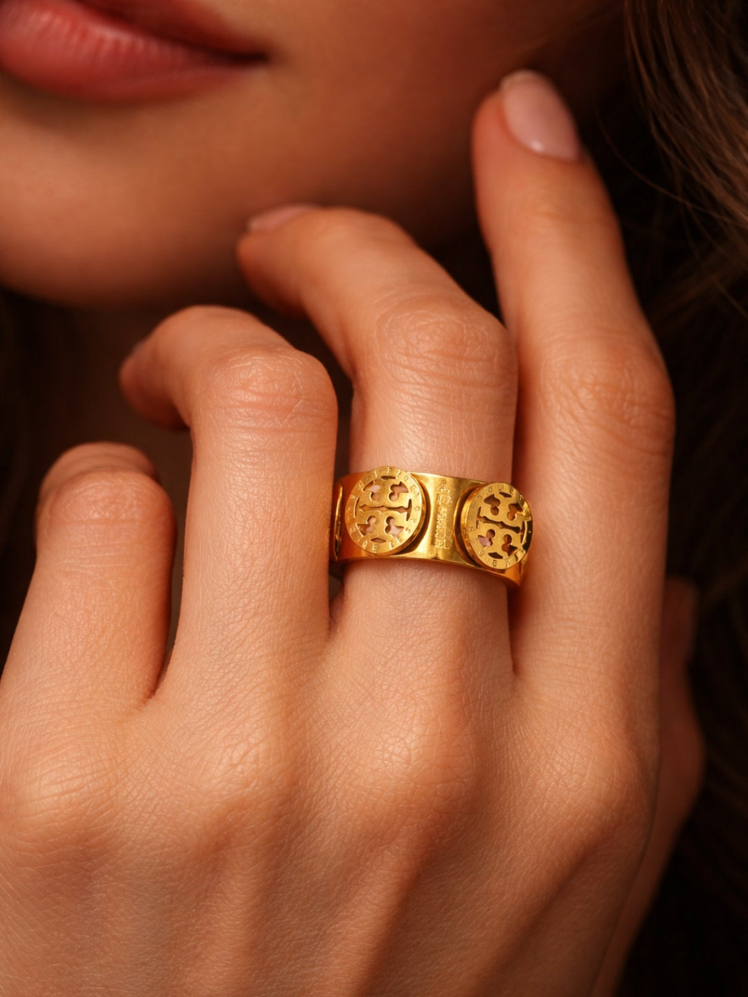 Luxe Emblem Gold Band Ring – 22KT Gold Plated Stainless Steel