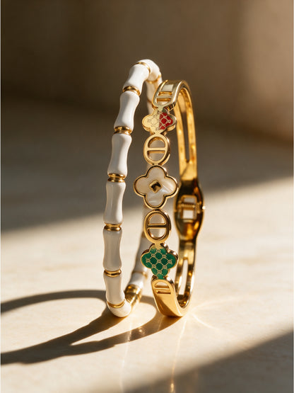 White & Gold Clover Bracelet Stack – Set of 2