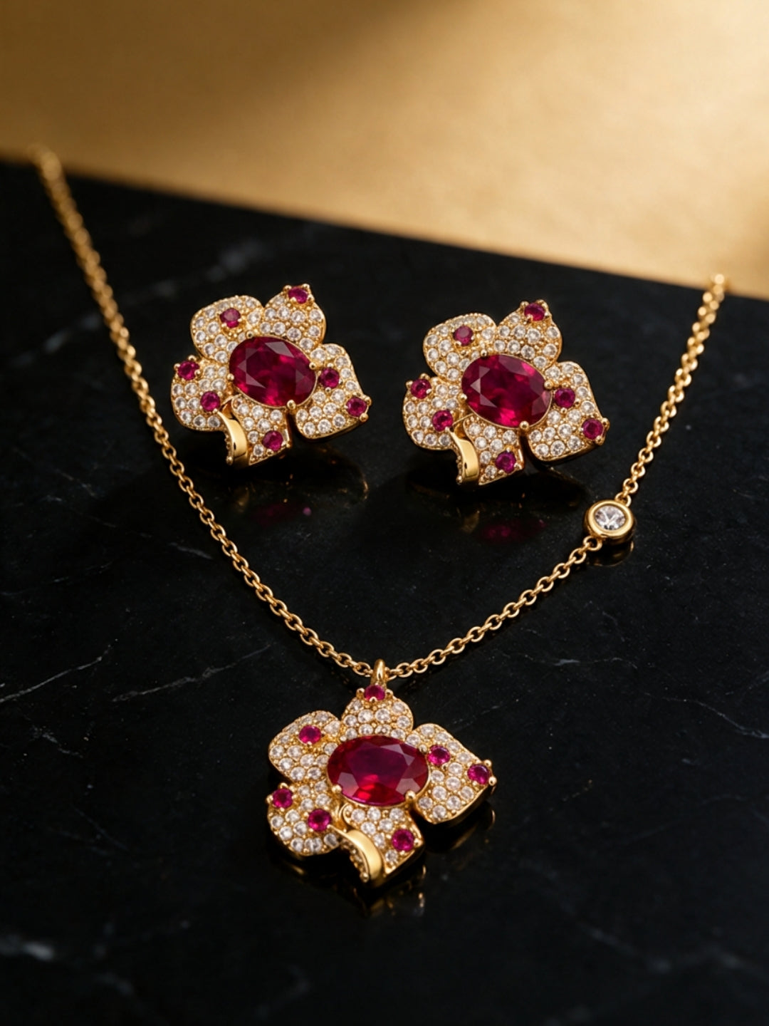 Rubis Ruby Red Floral Necklace & Earrings Set
