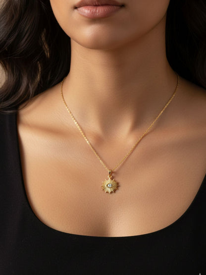 Anti-Tarnish Evil Eye White Stone Pendant Chain | 18K Gold CZ Jewelry