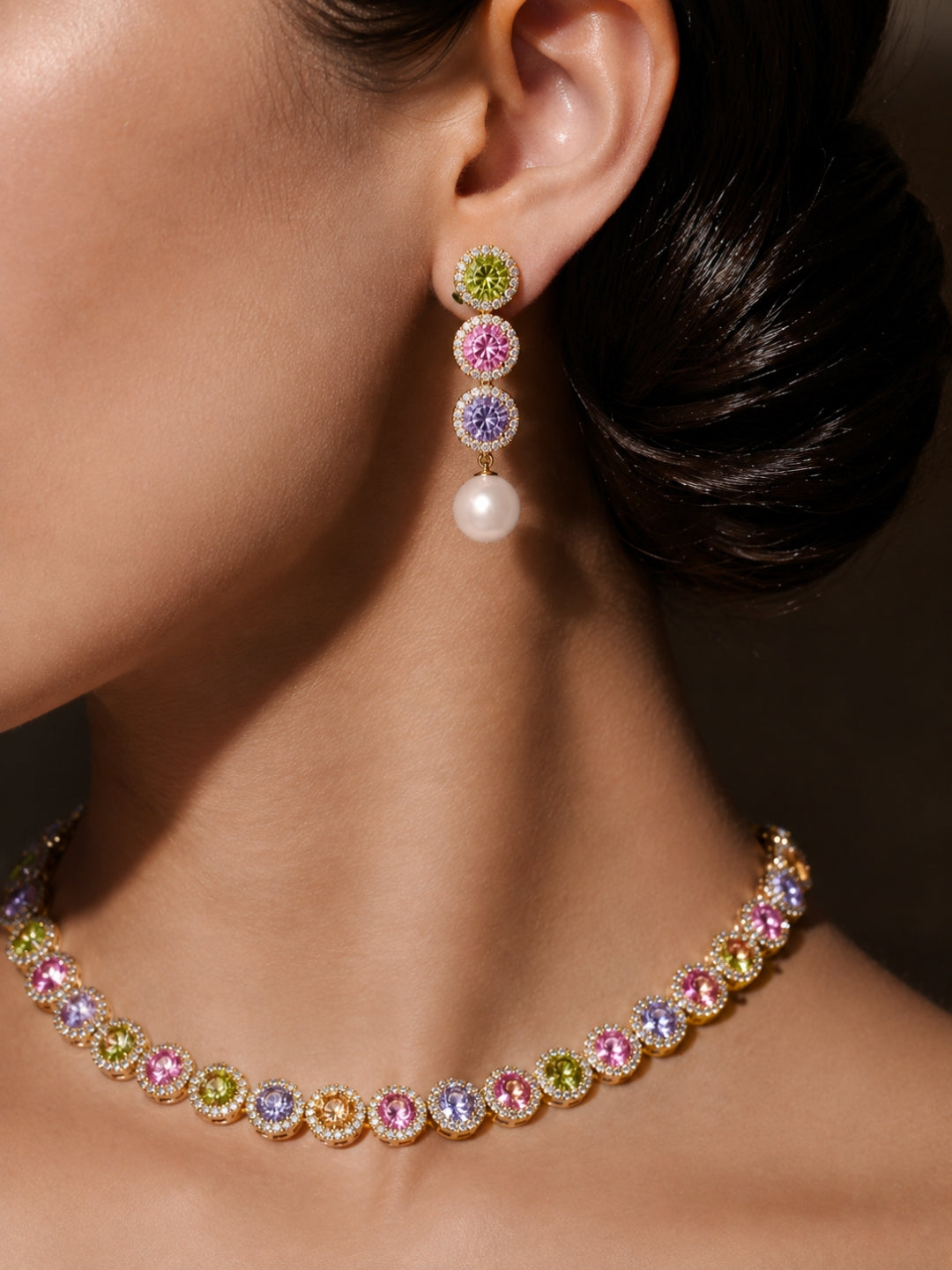 Mosaico Multicolor Halo Choker Necklace & Earring Set, 18K Gold-Plated