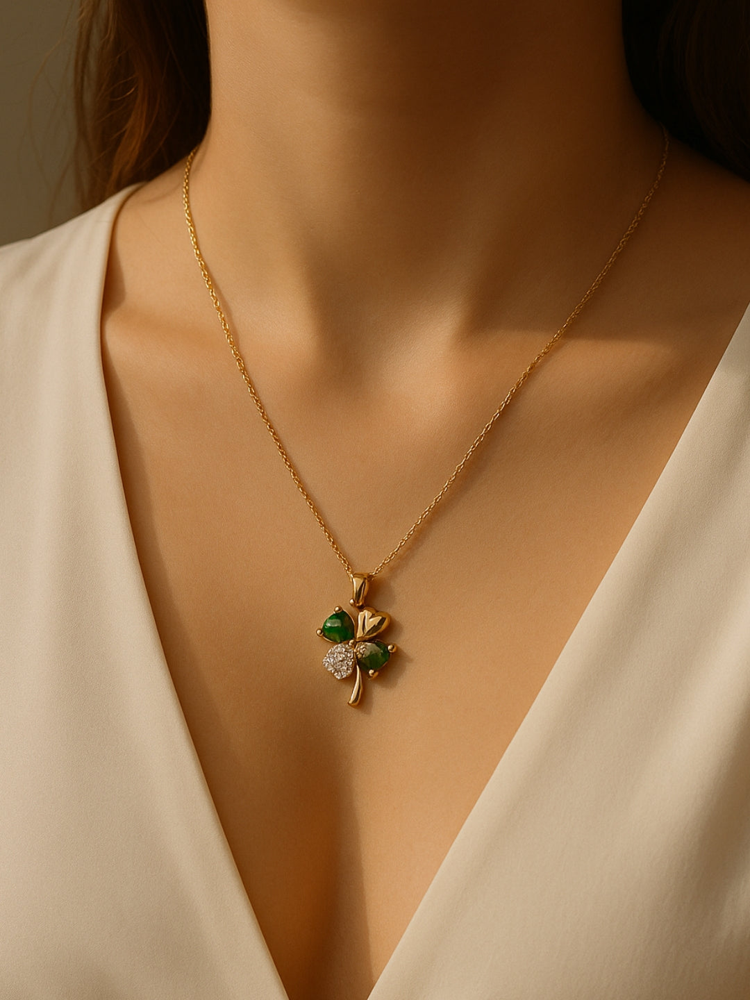 Emerald Clover Pendant Chain – 18K Gold Plated, Everyday Necklace