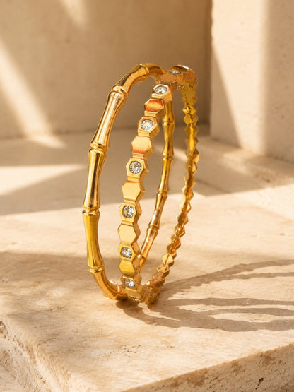 Bamboo Bangle & Hex Crystal Bracelet Duo – 18kt Gold Plated Stainless Steel Combo Set