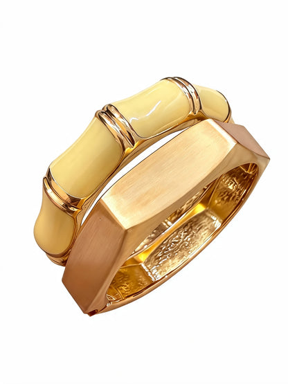 Ivory Bamboo Enamel & Faceted Gold Cuff Bracelet – Stack of 2