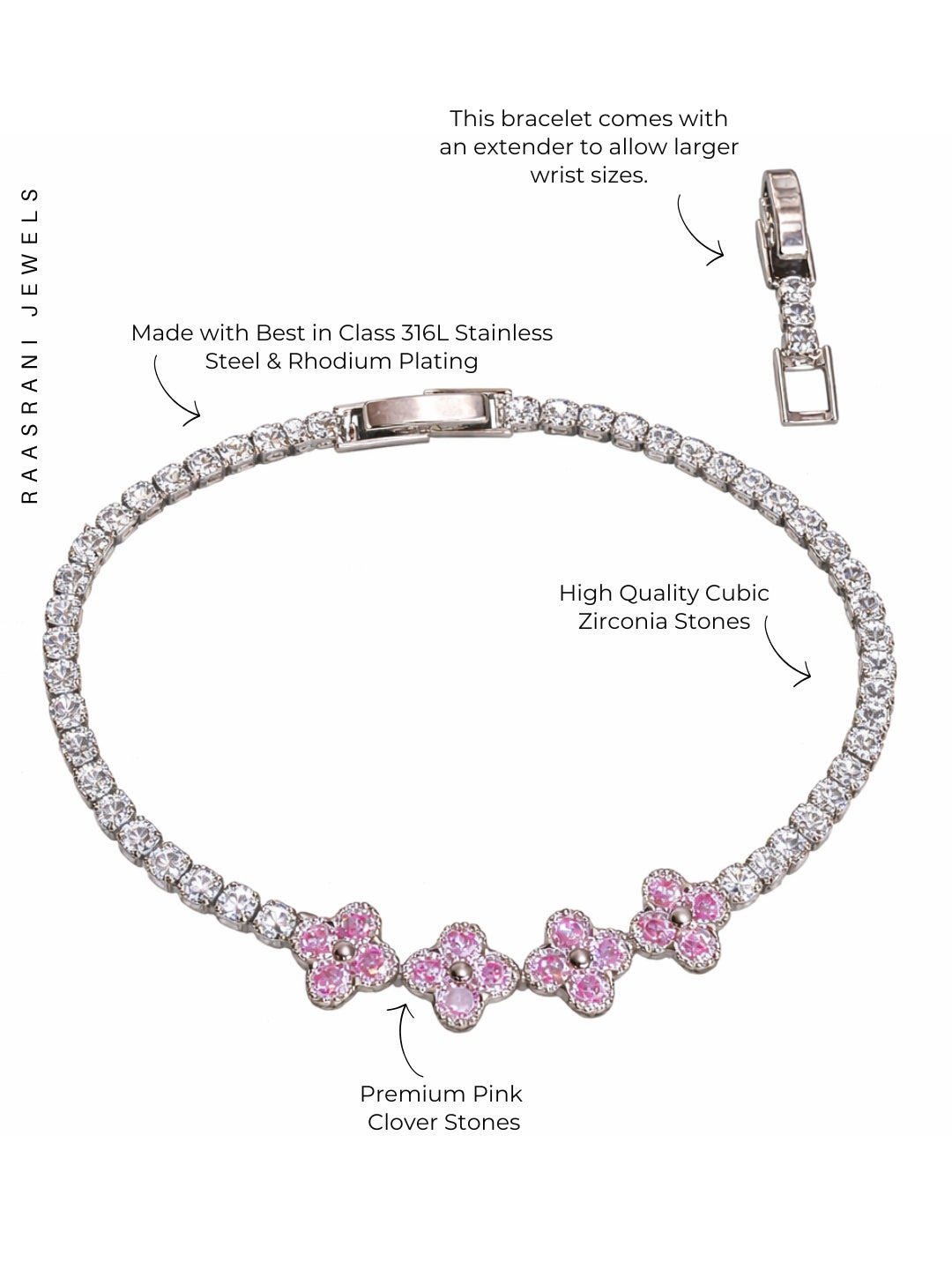 Pink & Silver Clover CZ Bracelet | Anti-Tarnish Everyday Bracelet