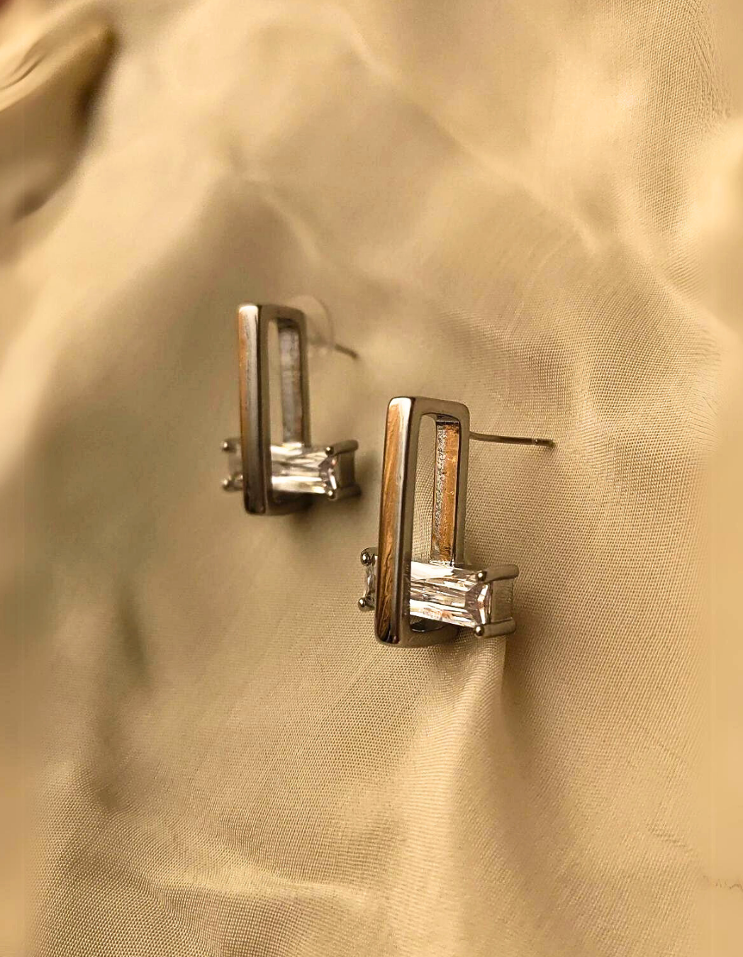Rectangle Solitaire Stud Earrings | 92.5 Silver Plated | Lightweight Daily Wear